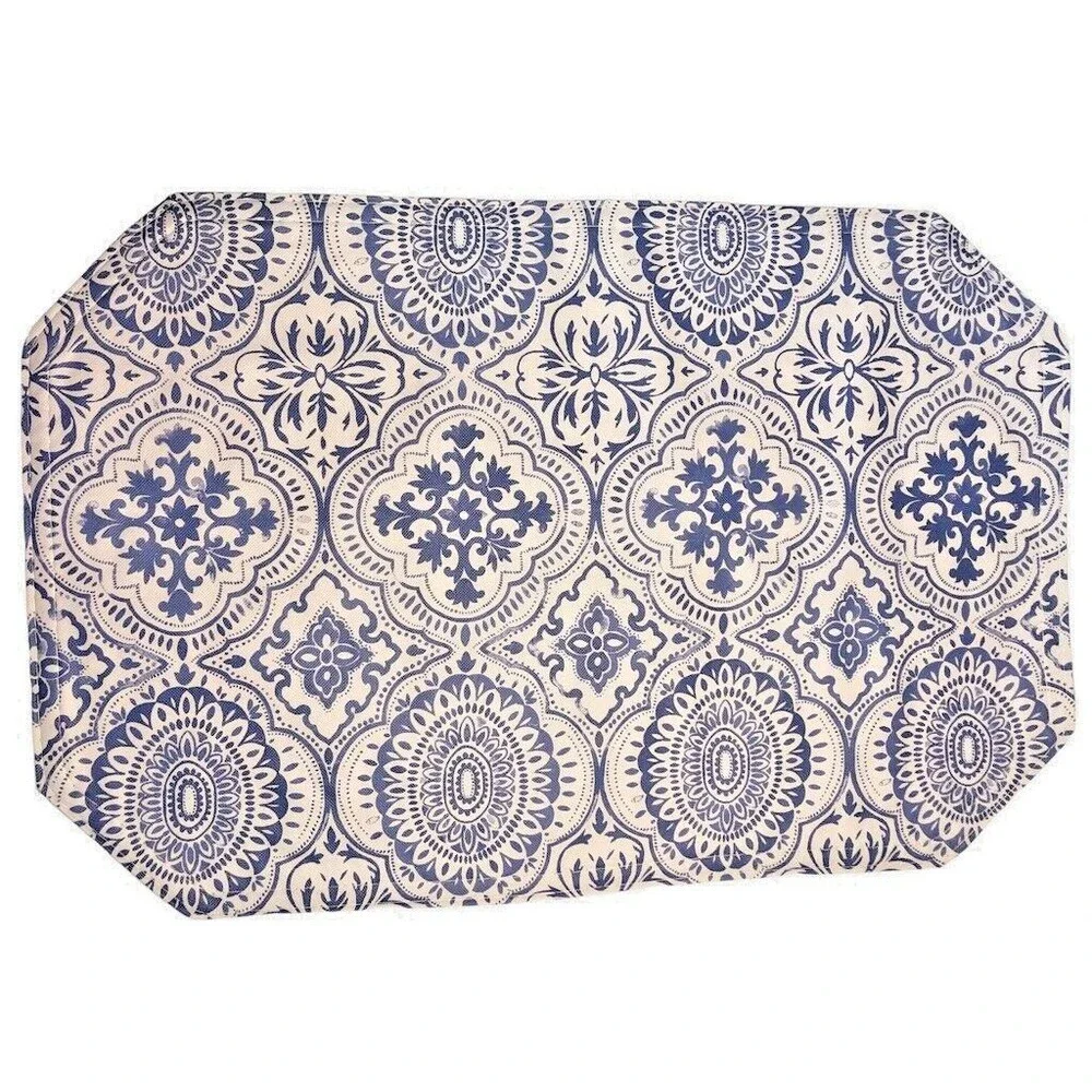 Blue Tile Vinyl Placemat Indoor Outdoor 12x18 Coastal Beach Reversible Set of 4